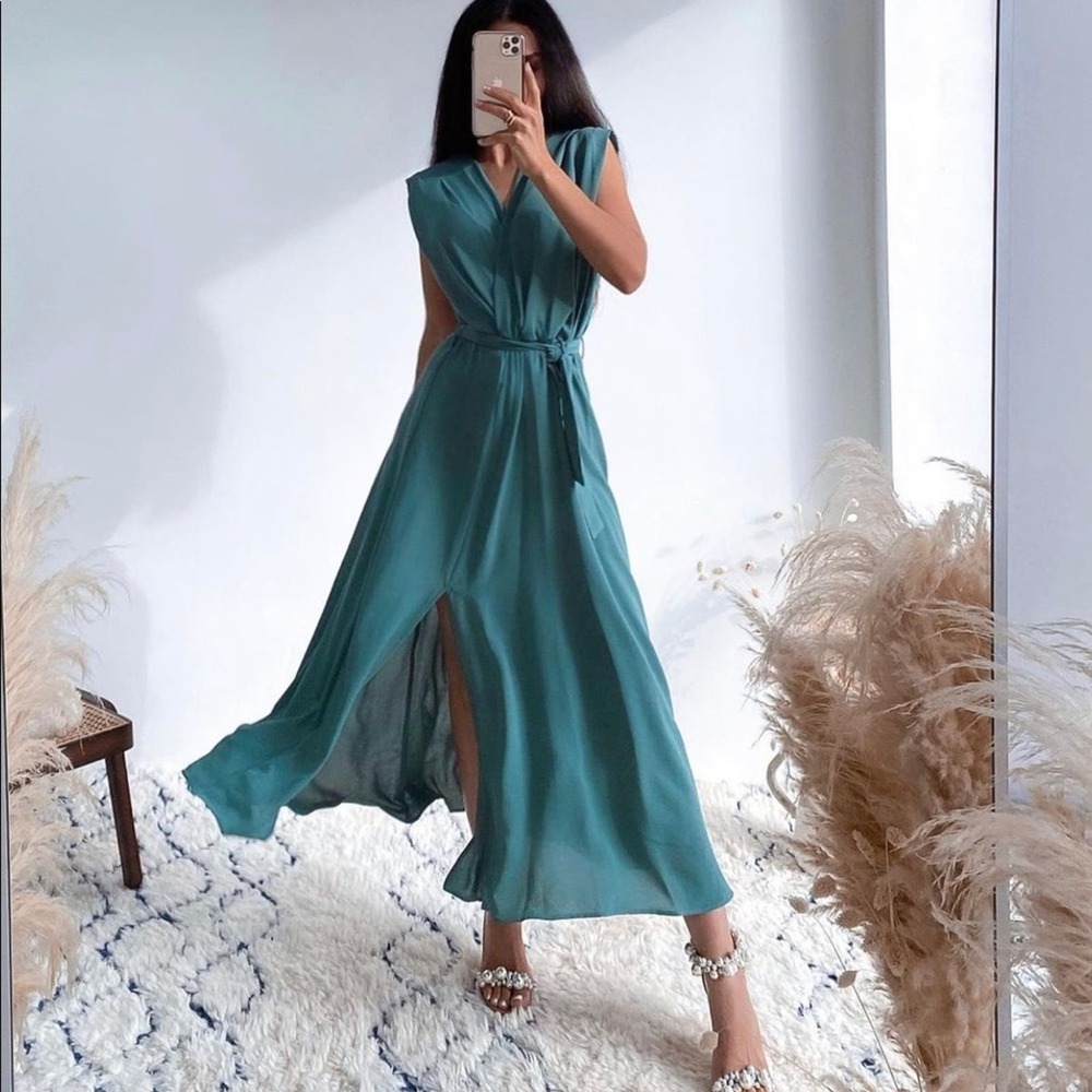 ZARA BLOGGER FAVORITE BELTED WRAP DRESS SEA GREEN